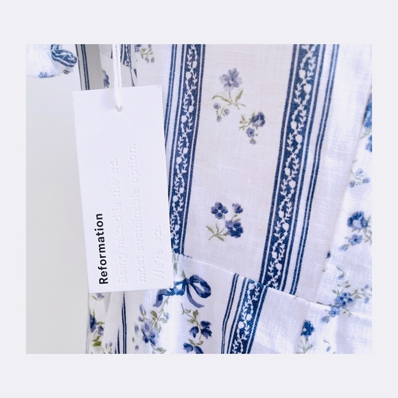 SOLD NEW Reformation Summer Wrap Linen Midi Dress White Blue Floral M Medium NWT - Picture 9 of 11